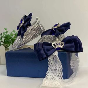 Dollbling al aire libre, zapatos de lujo para bebé recién nacido, conjunto con diadema, corona rosa de Lolita, joyas de diamantes, canastilla brillante con caja de regalo