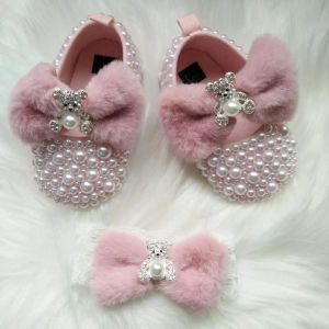 Dollbling al aire libre Rosa peludo lindo oso arco Bling Rhinestones hecho a mano princesa recién nacido niña zapatos boda fiesta Ballet DIY infantil