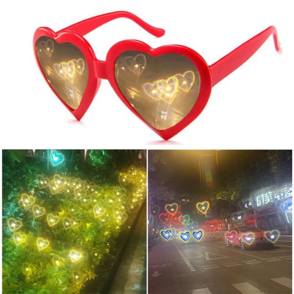 Lunettes de soleil en plein air 2022 amour en forme de coeur lunettes à effet regarder les lumières changer l'image diffraction la nuit lunettes de soleil pour les femmes