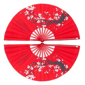 Buiten Fitness Equipment Tai Chi Fan 34cm Bamboo Chinese Kung Fu -fans Hoge kwaliteit Martial Arts Fan Two Hands Fans PLUM Bloempatroon Rood Cover 230301