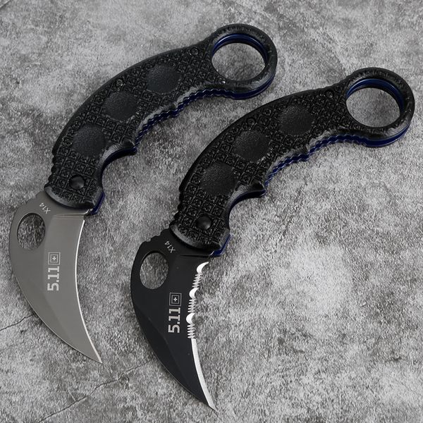 Couteaux pliants d'extérieur Couteau de survie tactique multifonction Lames incurvées en acier inoxydable Couteau de chasse de camping Couteau tranchant Karambits noirs