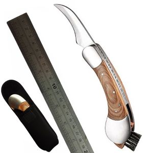 Cuchillo plegable con forma de seta para exteriores, cuchillo afilado para caza y cosecha, mango de madera maciza y cepillo de limpieza plegable con bolsa de neopreno