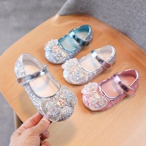 Chaussures plates en cristal de styliste princesse Elsa pour enfants, chaussures d'extérieur avec nœud papillon scintillant, sans lacet, chaussures plates pour bébés filles, cadeau