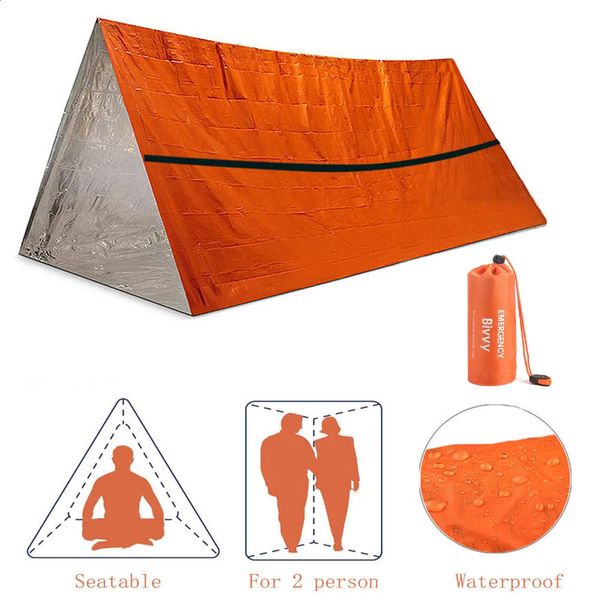 Gadgets extérieurs 2 personnes abri d'urgence Bivy Kit de tente de survie Mylar Tube sac de couchage imperméable SOS couverture thermique réutilisable 231118