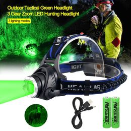 Gadgets extérieurs 2000LM lampe frontale zoomable vert/rouge/UV 395nm lumière extérieure phare UV étanche lampe frontale USB 3 modes torche lanterne de chasse 231018