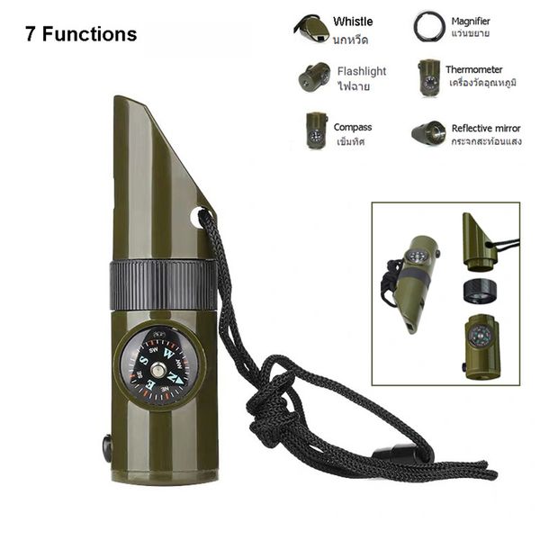 Gadgets de plein air Sifflets de survie d'urgence Mini SOS Kit 7-en-1 Multifonction Camping Sifflet Boussole Lampe de poche pour la randonnée Exploration