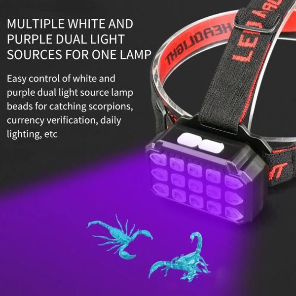 Gadgets voor buiten LED-koplamp UV-zaklamp USB oplaadbare hoofdlamp Huisdiervlekken Checker Buitenkoplamp Waterdichte Scorpion Jachtkoplampen 231018