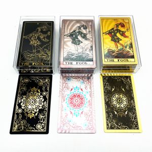 Activités de jeux de plein air 1 jeu de cartes de tarot feuille d'or en plastique avec boîte transparente noir guide d'astrologie durable étanche L722 230718