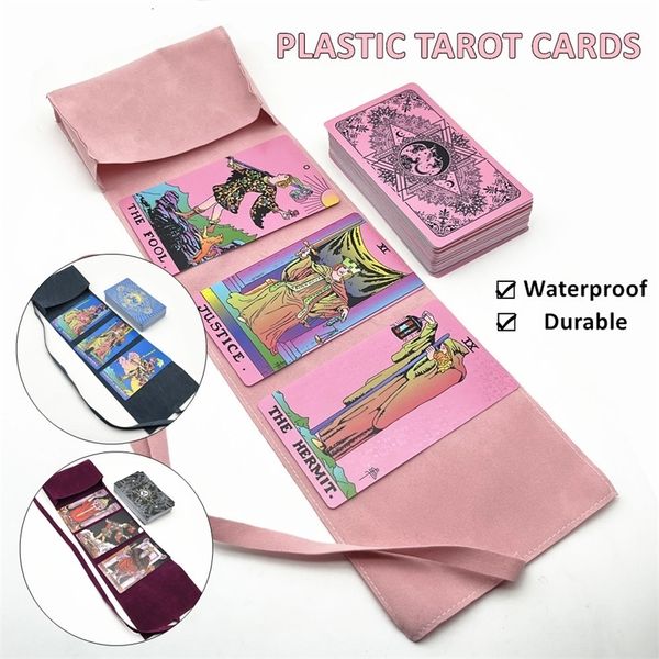 Actividades de juegos al aire libre 1 juego de cartas de tarot de plástico rosa azul negro con bolsa de almacenamiento de tela resistente al agua adivinación duradera libro de guía en inglés L743 230711