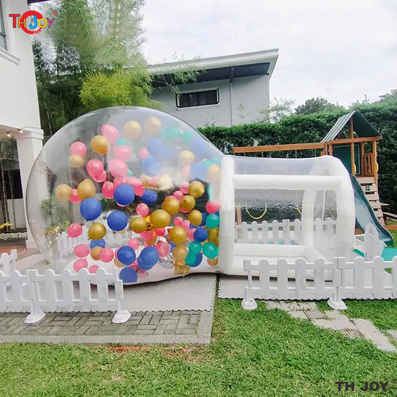 Utomhusspelaktiviteter 5 m lång barnfest transparent uppblåsbar bubbelboll igloo kupol tält med ballonger vita bubbla hus för utomhusfestevenemang