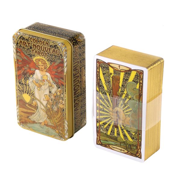 Activités de jeux de plein air 78 pièces art nouveau Tarot sort split jeu de poker de fête de famille et boîte en fer doré bord doré 230719