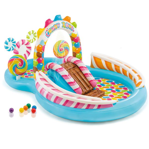 Activités de jeux de plein air Zone de bonbons gonflable pour enfants Centre de jeux de natation Piscine à éclaboussures avec toboggan aquatique 230615