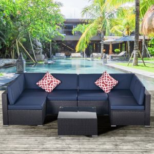 Muebles de patio para jardín al aire libre Juegos de 7 piezas Juegos de sofás acolchados seccionales de mimbre de ratán PE con 2 almohadas y mesa de centro