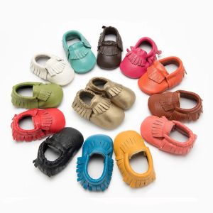 Chaussures d'extérieur à pampilles en cuir véritable pour bébé, mocassins à enfiler pour nourrissons