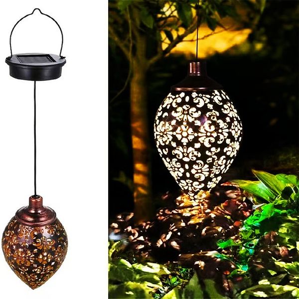 Lampe suspendue extérieure noisette lanterne creuse en fer forgé solaire projecteur pendentif cour jardin balcon décoratif paysage lumière mur blanc chaud