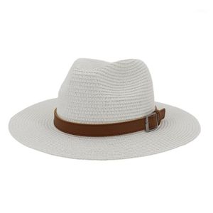 Chapeaux d'extérieur mode été décontracté unisexe plage Trilby grand bord Jazz chapeau de soleil Panama papier paille femmes hommes avec ruban noir