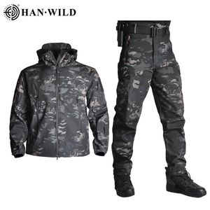 Vestes d'extérieur Hoodies 5XL Tactique Vêtements Pantalons Hommes Veste Polaire Armée Coupe-Vent Camo Costume De Chasse Coupe-Vent Militaire Randonnée Soft Shell 220920