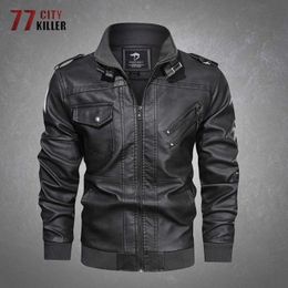 Outdoor Jackets Hoodies Pu Leather Jacket Men Outdoor Casual Motorcycle Waterdichte stand Kraaglagen Mannelijke tactische bommenwerperjassen Mens EU Big Size 3XL 0104