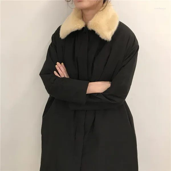 Vestes d'extérieur Corée du Sud Chic-Style Rétro Classique Mignon Col De Fourrure Coupe-Vent Imperméable Avec Ceinture A-Line Coton Manteau Moyen Long
