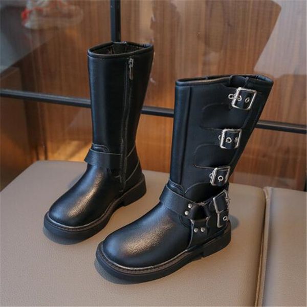 Bottes d'extérieur pour enfants filles, bottines d'automne en cuir avec fermeture éclair latérale, semelle extérieure en caoutchouc, bottes Martin avec boucle de ceinture, bottes de longueur pour enfants en bas âge