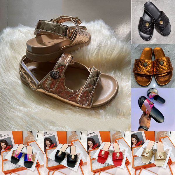 Sandalias Kurt Geiger al aire libre Diseñador famoso Mujeres Zapatos de fondo plano Sandale Empalme Diapositivas de arco iris Cabeza de águila con incrustaciones de diamantes Sandalias para mujer al aire libre Sliders 36-43