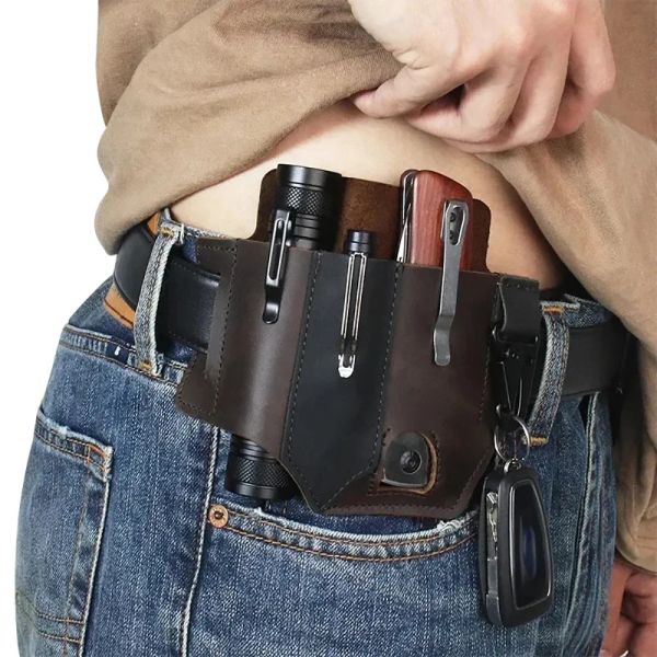 En cuir en cuir extérieur EDC Couteau de couteau Pockets Multitools Holder Essentials Organisateur Belt Pocket Pocket Hunt Tactical Place Lampe