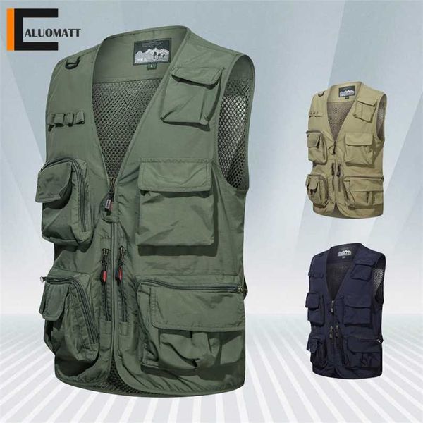 Veste de pêche pour hommes en plein air Veste Pographie Multi Pocket Zipper Veste sans manches Homme Militaire Voyage Randonnée Mesh Drift Vests 211108