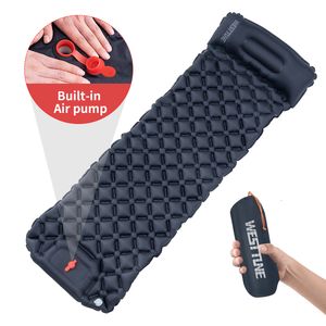 Outdoor Pads Outdoor Sleeping Pad for Camping Built-in Pump Inflatable Mattress with Pillows Ultralight Air Mat for Travel Hiking Backpacking 230419