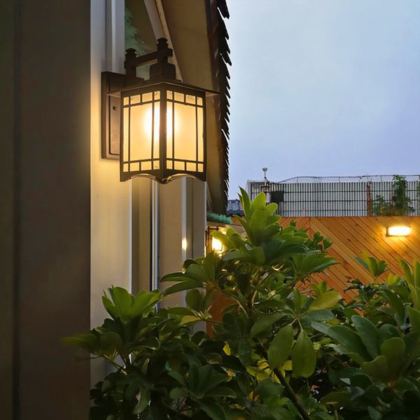 Pabellón al aire libre Lámpara de pared Jardín chino Cuadrado Luz Parque Retro Promenade Lámparas de pared Puerta Exterior Iluminación LED Negro