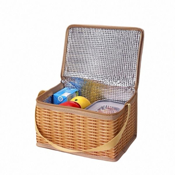 Bolsa de picnic portátil al aire libre Bolsa de mimbre de mimbre Bolsos de almacenamiento Caja grande aislada Comida Ctainer Bolsa de almuerzo Bolsas térmicas más frescas 77Wn #