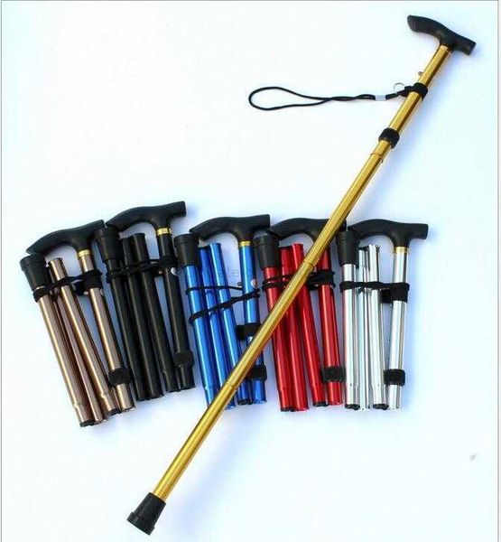 Canne pliante portable extérieure 4 sections en alliage d'aluminium Cannes réglables Camping Randonnée Alpiniste Bâtons de marche Trekking Pole 6 Couleurs