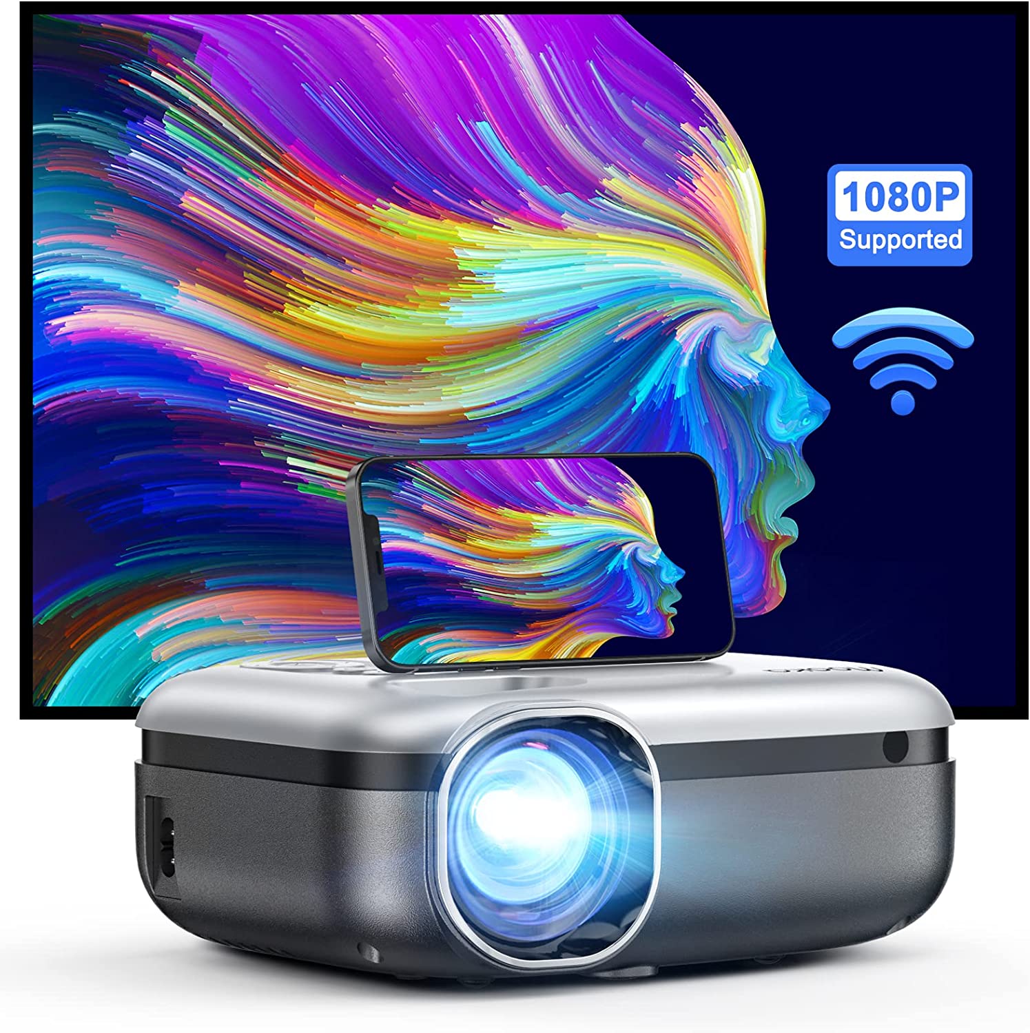 Outdoor Projector with WiFi, 1080P Full HD Supported Portable Projector 8000L Movie Projector Home Theater Compatible with TV Stick HDMI USB AV Smartphone Laptops