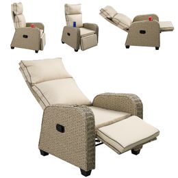 Cadeira reclinável ao ar livre, espreguiçadeira reclinável de vime para pátio com almofada macia Encosto e apoio para os pés ajustáveis de 170 graus, poltrona de vime Capacidade máxima 330 libras