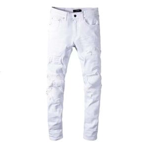 Outdoor enkele auto witte heren slim fitting patch elastische jeans trendy merkprijs