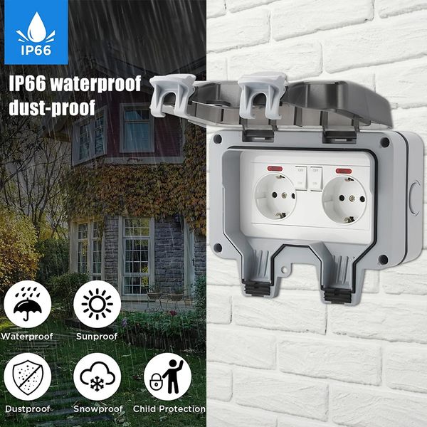 SOCKETS EXTERIOR IP66 EU impermeable Eu estándar Socket de energía 250V Doble enchufe de plástico Sutales eléctricas Cubierta bloqueable 240415