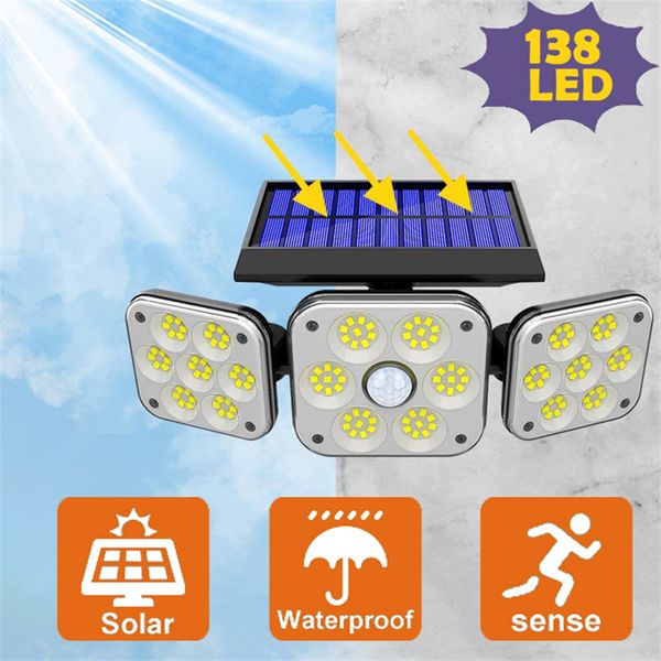 Lumière solaire extérieure 138 LUMILES SOLAIRES DE MOTION SOLAIRE LED 3 Têtes réglables Lampe murale de sécurité de sécurité imperméable pour le garage de la cour