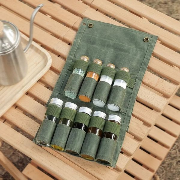 Conjunto de botellas de especias al aire libre lienzo de cera plegable portátil impermeable gran capacidad para acampar hojuelas de boba de picnic bbq bolsa de condimento