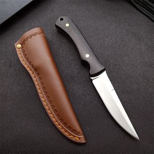 Outdoor Survival Straight Hunting Mes 5Cr13Mov Satin Drop Point Blades Volledige Tang Ebony Handvat Vaste Blad Messen met lederen huls