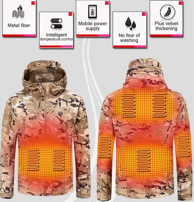 T-shirt da esterno Giacca invernale per riscaldamento elettrico USB Smart Uomo Donna Giubbotti riscaldati spessi Camouflage con cappuccio Caccia al calore Tuta da sci