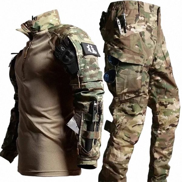 Ensembles tactiques d'extérieur pour hommes, uniforme militaire de chasse résistant à l'usure + pantalon cargo multi-poches de l'armée, costumes 2 pièces, ensemble de combat étanche m6Qu #