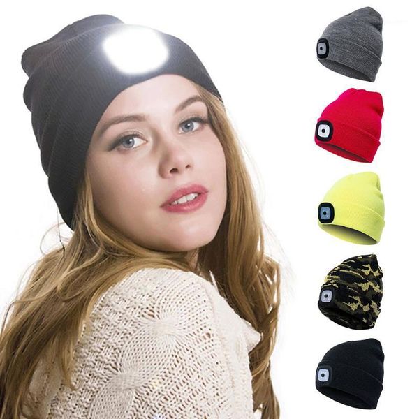 Plein air unisexe 4 LED bonnet éclairé chaud hiver tricoté chapeau pêche course chasse flash camping escalade casquettes masques de cyclisme