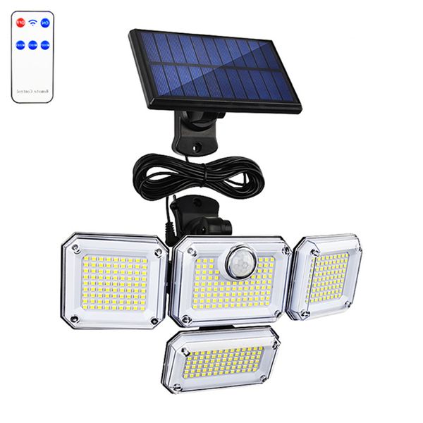 Lámpara de pared para exteriores, luces solares, 333 LED, luz de inundación con sensor de movimiento, 4 cabezales con 3 modos, IP65 a prueba de agua, luz de seguridad remota, garaje, jardín paisajístico