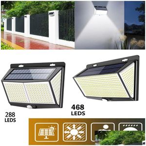 Lampes murales extérieures Capteur de mouvement solaire 468 288 LED 3 modes d'éclairage Lumières sans fil Ip65 Étanche Brillant LED Sécurité Lumière Yard Pat Dhvxe