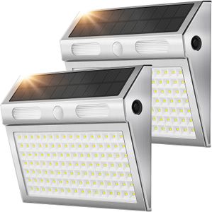 Appliques murales d'extérieur, lampes de sécurité à capteur de mouvement PIR 112 LED à énergie solaire, blanc froid IP65 étanche, acier inoxydable, éclairage 4 modes pour jardin, garage, terrasse, grange