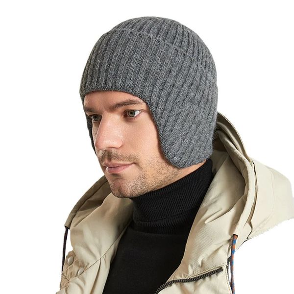 Chapeau en laine chaud pour l'extérieur, chapeau tricoté simple et épais avec boucles d'oreilles, doublure de casque de moto, chapeau à fermeture éclair 240110