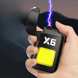 Briquet USB à Double Arc, coupe-vent, type C, charge d'extérieur, illuminateur COB, allumage à un bouton, Portable, cadeau pour hommes