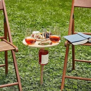 Mesa de vino al aire libre de escritorio portátil portátil de escritorio redondo redondo mini mesa de picnic de madera fácil soporte de vino de vino soportes dropshipping- mesa de vino de picnic plegable