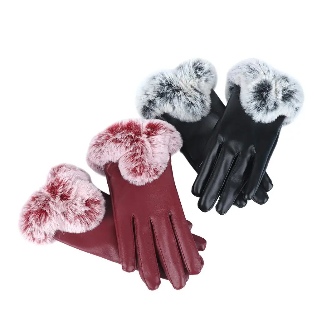 Outdoor Women Leather Gloves Ski Touch Screen Gloves Winter Warm Gloves Fur Wrist Mittens