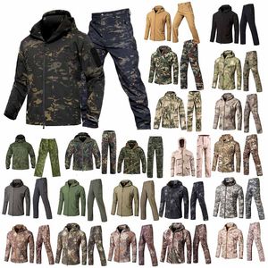 Softshell Outdoor Jas Broek Set Bos Jacht Schieten Kleding Tactische Camo Jas Combat Kleding Camouflage Windjack