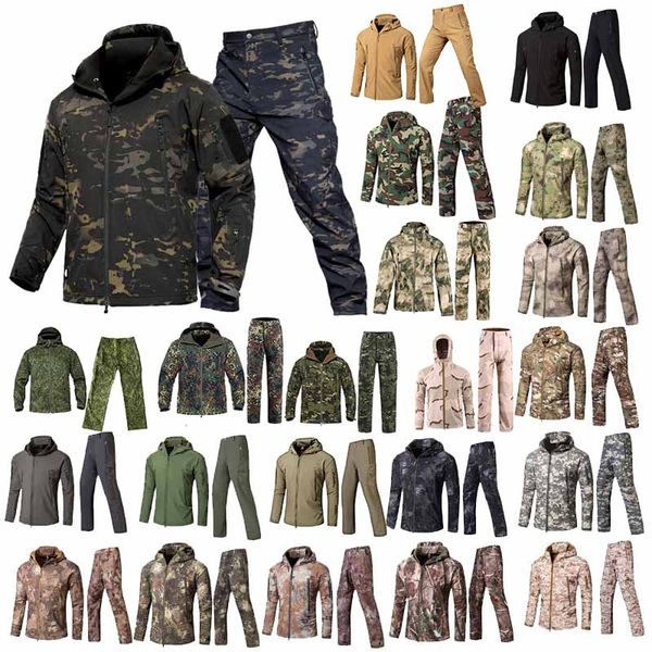 Chaqueta de exterior Softshell, conjunto de pantalones, ropa de caza de bosque, abrigo de camuflaje táctico, ropa de combate, rompevientos de camuflaje